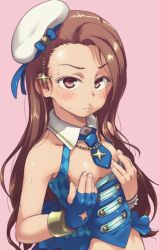 Rule 34 | 1girl, beret, breasts, breasts out, covering nipples, covering privates, hat, idolmaster, idolmaster (classic), minase iori, pink background, simple background, small breasts, solo, ttomm, twinkle star (idolmaster)