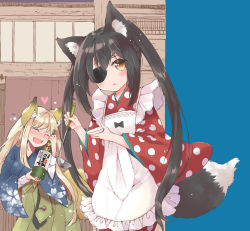 Rule 34 | 2girls, animal ears, apron, black hair, blonde hair, blue kimono, blush, bottle, brown eyes, closed eyes, commentary request, eyepatch, fang, fox ears, fox girl, fox tail, frilled apron, frills, green hakama, hair between eyes, hakama, hakama skirt, heart, holding, holding bottle, japanese clothes, kimono, ladle, long hair, long sleeves, mito (go!go!king!), multiple girls, nose blush, open mouth, original, parted lips, polka dot, polka dot kimono, red kimono, skirt, tail, twintails, v-shaped eyebrows, very long hair, white apron, wide sleeves