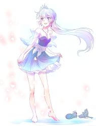 Rule 34 | 1girl, barefoot, blue dress, blue eyes, breasts, cleavage, commentary, dress, full body, hair ornament, high heels, holding, holding clothes, holding skirt, iesupa, jewelry, long hair, medium breasts, necklace, ponytail, rwby, scar, scar across eye, scar on face, shoes, unworn shoes, skirt, sleeveless, sleeveless dress, smile, solo, sparkle, very long hair, weiss schnee, white hair