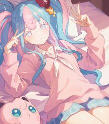 Rule 34 | 1girl, :t, bed, bed sheet, blue eyes, blue hair, blue skirt, cardigan, collarbone, collared shirt, colored eyelashes, commentary, creatures (company), curly hair, double v, ebi (shrimp eleven), expressionless, eyelashes, fairy miku (project voltage), fingernails, flower, game freak, gen 1 pokemon, hair flower, hair ornament, hatsune miku, jigglypuff, long fingernails, long hair, long sleeves, looking at viewer, lying, multicolored hair, nail polish, neckerchief, nintendo, on bed, pillow, pink cardigan, pink eyes, pink hair, pink nails, plaid, plaid skirt, pokemon, project voltage, shirt, skirt, sleeves past wrists, thighs, twintails, two-tone eyes, two-tone hair, v, very long hair, vocaloid, white neckerchief, white shirt