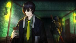 Rule 34 | 1boy, 1girl, bags under eyes, black eyes, black hair, closed mouth, coffee cup, collared shirt, cup, disposable cup, game cg, green pants, green shirt, hair between eyes, highres, holding, holding cup, indoors, katana, limbus company, male focus, nai ga, necktie, official art, pants, project moon, ryoshu (project moon), sheath, sheathed, shirt, short hair, solo focus, standing, sword, weapon, wing collar, yellow necktie, yi sang (project moon)
