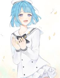 Rule 34 | 10s, 1boy, bad id, bad pixiv id, black bow, black bowtie, blue hair, bow, bowtie, buttons, crossdressing, cupping hands, dandelion seed, double-breasted, ensemble stars!, hat, long sleeves, male focus, marin (myuy 3), open mouth, own hands together, petals, pleated skirt, purple eyes, sailor collar, sailor hat, shino hajime, short hair, shorts, shorts under skirt, signature, skirt, solo, trap, white skirt