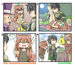 Rule 34 | &gt; &lt;, 1girl, 3boys, 4koma, :d, ^ ^, absurdres, afterimage, animal ears, arms up, artist name, bad id, bad pixiv id, bag, black hair, blue sky, blush, boots, bottle, brown dress, brown footwear, brown gloves, brown hair, brown shirt, cape, closed eyes, closed mouth, cloud, cloudy sky, comic, commentary request, cross-laced footwear, day, dollar sign, dress, facial hair, fingerless gloves, flying sweatdrops, full moon, fur-trimmed boots, fur-trimmed cape, fur-trimmed gloves, fur trim, glasses, gloves, green cape, green pants, greenteaneko, grin, hair between eyes, hat, highres, holding, holding bag, iwatani naofumi, jacket, lace-up boots, layered sleeves, leaf, long hair, long sleeves, lying, moon, multiple boys, mustache, night, night sky, nose blush, on back, opaque glasses, open mouth, outdoors, pants, parted lips, poison, profile, purple hat, purple jacket, raccoon ears, raccoon girl, raccoon tail, raphtalia, round teeth, shirt, short over long sleeves, short sleeves, skull and crossbones, sky, smile, sparkle, square 4koma, sweat, tail, tate no yuusha no nariagari, teeth, top hat, turn pale, upper teeth only, v-shaped eyebrows, very long hair, watermark, wavy mouth, web address, x x