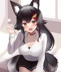 Rule 34 | 1girl, :d, absurdres, animal ear fluff, animal ears, black hair, black skirt, blush, breasts, choker, cleavage, collarbone, collared shirt, commentary request, highres, holding, hololive, indoors, large breasts, long hair, long sleeves, looking at viewer, mimikaki, miniskirt, multicolored hair, on bed, ookami mio, open mouth, orange eyes, pleated skirt, red choker, red hair, school uniform, shirt, sitting, skirt, smile, solo, streaked hair, tail, tojo aoi, two-tone hair, very long hair, virtual youtuber, white shirt, window, wolf ears, wolf girl, wolf tail