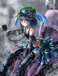 Rule 34 | 1girl, adapted costume, alternate costume, bare shoulders, blue eyes, blue hair, female focus, hat, heart, kabutoyama, kawashiro nitori, matching hair/eyes, midriff, navel, science fiction, short hair, sitting, smile, solo, thighhighs, touhou, twintails, two side up
