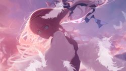 Rule 34 | 1girl, absurdres, ashita kura, bad id, bad pixiv id, blonde hair, blue eyes, closed mouth, cloud, cloudy sky, commentary request, feathered wings, feathers, floating hair, hair between eyes, hair ribbon, highres, long hair, looking at viewer, looking back, looking to the side, messy hair, original, outdoors, ribbon, sky, solo, sunset, upper body, wings