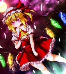 Rule 34 | 1girl, aka tawashi, ascot, backlighting, blonde hair, blush, closed mouth, crystal, dutch angle, feathers, flandre scarlet, frilled shirt collar, frills, full moon, glowing, glowing eyes, hat, hat ribbon, highres, looking at viewer, mob cap, moon, moonlight, night, petticoat, puffy short sleeves, puffy sleeves, red eyes, red ribbon, red skirt, red vest, ribbon, shirt, short sleeves, side ponytail, skirt, skirt set, solo, touhou, vest, white shirt, wings, wrist cuffs