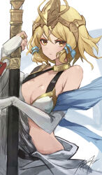 Rule 34 | 1girl, bare shoulders, blonde hair, breasts, bridal gauntlets, character request, cleavage, closed mouth, collarbone, dated, djeeta (granblue fantasy), earrings, granblue fantasy, highres, holding, holding sword, holding weapon, jewelry, large breasts, looking at viewer, midriff, punished pigeon, revealing clothes, sheath, sheathed, short hair, sidelocks, sign, solo, sword, upper body, v-shaped eyebrows, weapon, yamato (granblue fantasy), yellow eyes