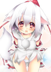 Rule 34 | 1girl, animal ears, arms behind back, bare shoulders, blush, breasts, detached sleeves, female focus, gradient background, hat, highres, hikanyan, inubashiri momiji, leaning forward, looking at viewer, no pants, panties, red eyes, short hair, silver hair, simple background, solo, tail, tokin hat, touhou, underwear, white background, white panties, wolf ears, wolf tail