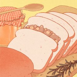 Rule 34 | animal, animal focus, bear, bread, bread slice, close-up, cutting board, dot mouth, closed eyes, facing viewer, fantasy, film grain, food, food focus, in food, jam, jar, lying, muted color, no humans, no mouth, on back, on side, original, plaid, rii abrego, signature, sleeping, spoon, undersized animal, wide shot, wooden spoon