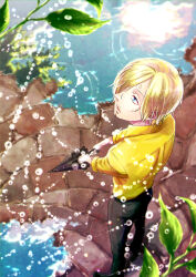 Rule 34 | 1boy, back, beard, black pants, blonde hair, blue eyes, curly eyebrows, facial hair, from above, hair over one eye, holding, holding umbrella, leaf, looking to the side, male focus, marutter2, one piece, pants, puddle, sanji (one piece), shirt, solo, umbrella, yellow shirt