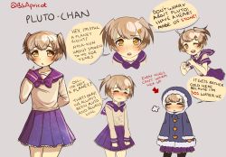 Rule 34 | 1girl, black pantyhose, brown eyes, brown hair, bsapricot, character name, coat, crying, english text, fur-trimmed coat, fur trim, grey background, heart, heart hands, multiple views, one eye closed, original, pantyhose, pluto-chan, school uniform, serafuku, simple background, sleeves past wrists, standing, star (symbol), star print, twintails, twitter username, two side up