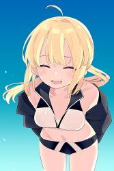 Rule 34 | &gt; &lt;, 1girl, 87banana, :d, ahoge, arms behind back, artoria pendragon (all), artoria pendragon (fate), black buruma, black jacket, blush, buruma, commentary, commentary request, fate (series), jacket, leaning forward, long bangs, looking at viewer, navel, open clothes, open jacket, open mouth, ponytail, saber (fate), sidelocks, smile, symbol-only commentary, xd