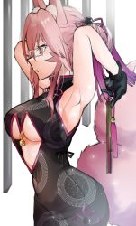 Rule 34 | 1girl, absurdres, animal ear fluff, animal ears, armpits, arms behind head, arms up, bare shoulders, bell, black gloves, blush, breasts, center opening, china dress, chinese clothes, double bun, dress, fate/grand order, fate (series), folding fan, fox ears, fox girl, fox tail, glasses, gloves, hair between eyes, hair bun, hand fan, highres, huge filesize, jingle bell, koyanskaya (chinese lostbelt outfit) (fate), koyanskaya (fate), large breasts, long hair, open mouth, pink hair, sidelocks, sleeveless, sleeveless dress, solo, tail, tamamo (fate), tassel, white-framed eyewear, yellow eyes, zukki0731