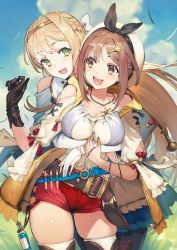 Rule 34 | 2girls, :d, arm between breasts, atelier (series), atelier ryza, atelier ryza 1, belt, between breasts, black gloves, blonde hair, blue skirt, blush, boots, braid, breast hold, breasts, brown eyes, brown hair, cleavage, collarbone, cowboy shot, flask, gloves, grass, green eyes, hair ornament, hairband, hairclip, hat, highres, hug, hug from behind, jewelry, klaudia valentz, large breasts, long hair, looking at another, multiple girls, navel, necklace, official art, open mouth, pantyhose, partially fingerless gloves, red shorts, reisalin stout, round-bottom flask, short shorts, shorts, single glove, skindentation, skirt, smile, star (symbol), star necklace, thigh boots, thighhighs, thighs, toridamono, vial, white gloves, white headwear, white legwear, wind, yuri