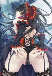 Rule 34 | 10s, 1girl, ass, bare shoulders, black hair, black panties, breasts, choker, corset, date a live, detached sleeves, fingernails, from behind, garter belt, garter straps, hairband, hand on ass, highres, lace, lace-trimmed legwear, lace trim, lingerie, lolita hairband, long hair, looking back, medium breasts, naughty face, panties, parted lips, presenting, pussy juice, pussy juice drip, pussy juice trail, skindentation, solo, spread ass, teeth, thighhighs, tokisaki kurumi, twintails, underwear, yellow eyes