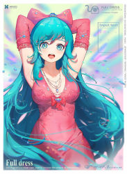Rule 34 | 1girl, arms behind head, arms up, artist name, blue hair, breasts, covered navel, dress, elbow gloves, english text, gloves, green eyes, highres, jewelry, light blue hair, long hair, looking at viewer, medium breasts, meinoss, necklace, open mouth, original, painttool sai (medium), pink dress, pink gloves, solo, teeth, upper teeth only
