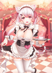 Rule 34 | 1girl, :d, alternate costume, animal ear fluff, animal ears, apron, black dress, black footwear, blurry, blurry background, breasts, cat ears, cat girl, cat tail, checkered floor, cleavage, commentary request, cup, depth of field, dress, enmaided, frilled apron, frills, glint, hair between eyes, hair ornament, hair ribbon, hairclip, highres, holding, holding tray, kamome yuu, long hair, maid, medium breasts, nijisanji, open mouth, red eyes, red ribbon, ribbon, saucer, shiina yuika, shiina yuika (5th costume), shoes, smile, solo, standing, standing on one leg, tail, tail ornament, tail ribbon, thighhighs, tray, twintails, very long hair, virtual youtuber, white apron, white hair, white thighhighs, wrist cuffs
