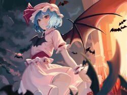Rule 34 | 1girl, bat (animal), bat wings, blue hair, blurry, blurry background, brooch, closed mouth, cloud, depth of field, dress, frills, from below, hat, highres, jewelry, light frown, mob cap, night, night sky, pink dress, red eyes, remilia scarlet, short hair, short sleeves, sidelighting, sky, solo, syc2159, touhou, wings, wrist cuffs
