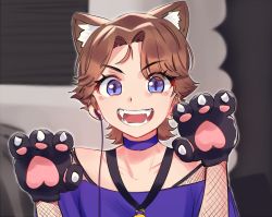 Rule 34 | 1boy, animal ears, animal hands, blue eyes, blue shirt, blurry, blurry background, bodysuit, brown hair, cat boy, cat ears, cat paws, catboy jerma, choker, collarbone, earbuds, earphones, fangs, fishnet bodysuit, fishnets, jerma985, looking at viewer, male focus, medal, meme, off-shoulder shirt, off shoulder, open mouth, parted bangs, pon fresh, shirt, short hair, smile, solo, teeth, upper body, when the imposter is sus (meme)