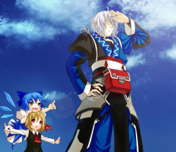 Rule 34 | 1boy, 2girls, air (visual novel), bad id, bad pixiv id, blonde hair, blue hair, cirno, day, eho (icbm), embodiment of scarlet devil, glasses, hair ribbon, kaiho, morichika rinnosuke, multiple girls, outstretched arms, parody, red eyes, ribbon, rumia, short hair, silver hair, sky, spread arms, touhou, yellow eyes
