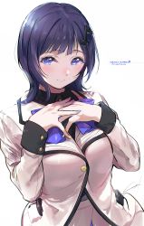 Rule 34 | 1girl, absurdres, asaka karin, blue eyes, blue hair, breasts, closed mouth, commentary, dark blue hair, fortissimo, hair ornament, hands on own chest, highres, jacket, kuziaaizuk, long sleeves, love live!, love live! nijigasaki high school idol club, medium breasts, multicolored nails, musical note, musical note hair ornament, nail polish, short hair, simple background, smile, solo, tearing up, white background, white jacket