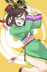 Rule 34 | 1girl, :d, brown hair, chinese clothes, glasses, hair ornament, highres, holding, holding shield, long sleeves, looking at viewer, mole, mole under mouth, open mouth, pink eyes, qipao dress, samurai spirits, shield, smile, solo, tennzikiyu, wu-ruixiang, yellow background, yin yang