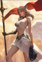 Rule 34 | 1girl, angel wings, armor, asymmetrical armor, breasts, brown eyes, circlet, gauntlets, hair ornament, highres, holding, holding polearm, holding weapon, looking at viewer, medium breasts, medium hair, nakaichi (ridil), original, parted lips, polearm, single gauntlet, solo, spear, weapon, white hair, wings