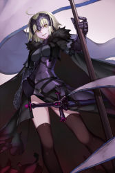 Rule 34 | 1girl, black thighhighs, blonde hair, breasts, cape, essual (layer world), fate/grand order, fate (series), flag, fur trim, gauntlets, grin, helmet, jeanne d&#039;arc (fate), jeanne d&#039;arc alter (avenger) (fate), jeanne d&#039;arc alter (avenger) (first ascension) (fate), jeanne d&#039;arc alter (fate), looking at viewer, sheath, sheathed, short hair, smile, solo, sword, thighhighs, weapon, yellow eyes
