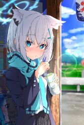 Rule 34 | 1girl, absurdres, animal ear fluff, animal ears, aqua eyes, arona (blue archive), blazer, blue archive, blue scarf, blush, bottle, buttoned cuffs, buttons, cross hair ornament, extra ears, grey hair, hair ornament, halo, highres, holding, holding bottle, jacket, lantern, long sleeves, looking at viewer, mismatched pupils, neckerchief, paper lantern, pleated skirt, scarf, school uniform, shiroko (blue archive), shirt, skirt, solo, spice mega, wolf ears