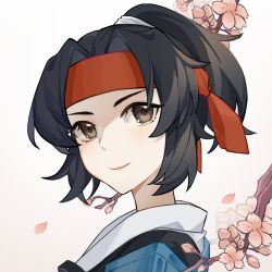 Rule 34 | 1girl, animification, apex legends, bandana, black eyes, black hair, black jacket, brown eyes, cherry blossoms, chinese commentary, closed mouth, cloud marauder valkyrie, flower, from side, headband, highres, jacket, official alternate costume, parted bangs, pink flower, ponytail, portrait, red bandana, simple background, smile, solo, valkyrie (apex legends), white background, yinxianzhiyue