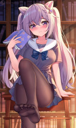 Rule 34 | 1girl, alternate costume, arm support, black pantyhose, blue bow, blue bowtie, blush, book, bookshelf, bow, bowtie, braid, breasts, closed mouth, collarbone, cone hair bun, double bun, genshin impact, grey shirt, grey skirt, hair between eyes, hair bun, hair ornament, highres, holding, holding book, icwine, indoors, keqing (genshin impact), knee up, light, light particles, long hair, looking at viewer, no shoes, pantyhose, plaid, plaid bow, plaid bowtie, plaid neckwear, purple eyes, purple hair, sailor, school uniform, shadow, shirt, short sleeves, sitting, skirt, soles, solo, thighs, toes, twintails, uniform