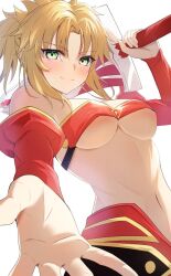 Rule 34 | 1girl, bare shoulders, blonde hair, braid, breasts, clarent (fate), fate/grand order, fate (series), french braid, green eyes, highres, holding, holding sword, holding weapon, long hair, looking at viewer, medium breasts, mordred (fate), navel, parted bangs, ponytail, sidelocks, simple background, smile, solo, sword, umi endu, weapon