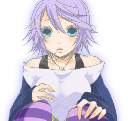Rule 34 | 00s, 1girl, bad id, bad pixiv id, blue eyes, breasts, candy, food, lollipop, medium breasts, mo (pixiv441043), purple hair, rosario+vampire, shirayuki mizore, short hair, solo, striped clothes, striped thighhighs, thighhighs