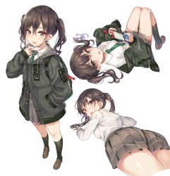 Rule 34 | 1girl, ass, black socks, blush, brown eyes, brown hair, from behind, green neckwear, grey skirt, hair between eyes, hand in pocket, handheld game console, highres, holding, idolmaster, idolmaster cinderella girls, kneehighs, loafers, long hair, long sleeves, looking at viewer, looking back, lying, mask, mask pull, mokyu, mole, mole under eye, mouth mask, multiple views, necktie, nintendo, nintendo switch, on back, on stomach, open mouth, parka, playing games, pleated skirt, sharp teeth, shirt, shoes, simple background, skirt, socks, standing, sunazuka akira, surgical mask, teeth, twintails, white shirt