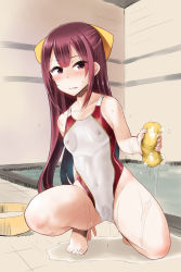 Rule 34 | 1girl, barefoot, basin, bathroom, bathtub, bow, brown eyes, collarbone, commentary request, competition swimsuit, covered erect nipples, hair bow, highres, indoors, kamikaze (kancolle), kantai collection, long hair, minase (takaoka nanase), one-piece swimsuit, purple eyes, purple hair, see-through, solo, sponge, squatting, swimsuit, white one-piece swimsuit, yellow bow