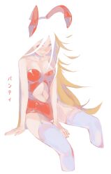 Rule 34 | 1girl, animal ear hairband, animal ears, annotated, between legs, blending, blonde hair, clothing cutout, commentary, fake animal ears, hairband, hand between legs, highres, leotard, long hair, motokitoki, navel, navel cutout, nontraditional playboy bunny, panty &amp; stocking with garterbelt, panty (psg), playboy bunny, rabbit ear hairband, rabbit ears, red hairband, red leotard, simple background, sitting, solo, strapless, strapless leotard, thighhighs, white background, white thighhighs