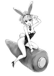 Rule 34 | 1girl, absurdres, animal ears, bare shoulders, black leotard, breasts, bunny day, carrot, commentary request, detached collar, fake animal ears, full body, high heels, highleg, highres, leotard, long bangs, long hair, looking at viewer, medium breasts, necktie, original, oversized food, oversized object, playboy bunny, rabbit ears, rabbit tail, smile, solo, souryu, strapless, strapless leotard, tail, v, white background, wrist cuffs
