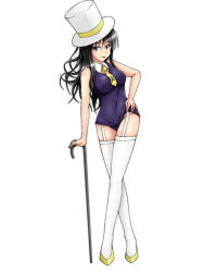 Rule 34 | 1girl, black eyes, black hair, breasts, cane, clothes lift, collarbone, covered navel, detached collar, full body, garter straps, hand on own hip, hat, isosceles triangle (xyzxyzxyz), large breasts, long hair, necktie, one-piece swimsuit, simple background, solo, strike witches, swimsuit, swimsuit lift, taut clothes, taut swimsuit, thighhighs, tongue, tongue out, top hat, white background, white thighhighs, world witches series, yokokawa kazumi