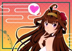 Rule 34 | 1girl, ahoge, bare shoulders, blunt bangs, blush, brown hair, flower, framed, gold hairband, hair bun, hair flower, hair intakes, hair ornament, hairband, heart, heart-shaped pupils, kantai collection, kongou (kancolle), long hair, looking at viewer, looking back, masaki, purple eyes, solo, speech bubble, symbol-shaped pupils, upper body
