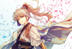 Rule 34 | 1boy, archer (fate/samurai remnant), arm guards, blue bow, bow, cape, chinese clothes, fate/samurai remnant, fate (series), grey hair, hair ornament, hanfu, kuroaki, long hair, looking at viewer, male focus, multicolored hair, petals, ponytail, simple background, smile, solo, tassel, tassel hair ornament, upper body, white background, yellow eyes, zhou yu