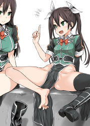 Rule 34 | 10s, 2girls, :d, ^^^, asanagi, asymmetrical legwear, barefoot, black footwear, black legwear, blush, boots, bow, bowtie, breasts, brown hair, buttons, chikuma (kancolle), closed mouth, elbow gloves, eyebrows, fang, feet, gloves, green eyes, green jacket, groin, hair between eyes, hair ribbon, highres, index finger raised, jacket, kantai collection, knee boots, large breasts, loincloth, long hair, multiple girls, no panties, open mouth, pelvic curtain, puffy short sleeves, puffy sleeves, red bow, red bowtie, ribbon, shoes, short sleeves, side slit, simple background, single boot, single elbow glove, single shoe, single thighhigh, sitting, smile, soles, solo focus, spread legs, thighhighs, toes, tone (kancolle), tooth, twintails, uneven legwear, unworn boot, unworn boots, white background, white ribbon