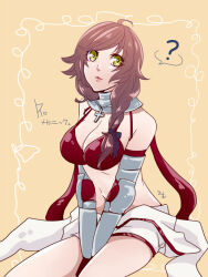 Rule 34 | 1girl, ?, ahoge, between legs, bikini, bikini top only, braid, breasts, brown background, brown hair, cleavage, closed mouth, commentary request, cowboy shot, cross, cross necklace, elbow gloves, expressionless, flowery peko, gauntlets, gloves, hair over shoulder, hand between legs, jewelry, jumpsuit, jumpsuit around waist, large breasts, lips, long hair, looking at viewer, low-tied long hair, mechanic (ragnarok online), medium bangs, navel, necklace, ragnarok online, red bikini, red gloves, side braid, simple background, single braid, sitting, solo, spoken question mark, swept bangs, swimsuit, white jumpsuit, yellow eyes