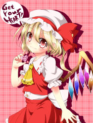 Rule 34 | 1girl, ascot, back bow, blonde hair, bow, breasts, buttons, closed mouth, cowboy shot, english text, flandre scarlet, frilled ascot, frilled shirt collar, frilled skirt, frilled sleeves, frills, from side, hair between eyes, hat, hat ribbon, heart, holding, holding heart, isoroku (gojuuroku), large bow, leaning back, light smile, looking at viewer, medium hair, mob cap, multicolored wings, pink background, plaid, plaid background, red eyes, red ribbon, red skirt, red vest, ribbon, shirt, simple background, skirt, skirt set, small breasts, solo, speech bubble, touhou, vest, white bow, white hat, white shirt, wings, yellow ascot