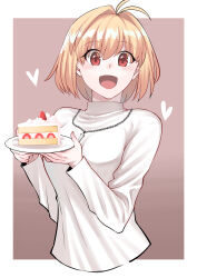 Rule 34 | 1girl, absurdres, antenna hair, arcueid brunestud, cake, cropped torso, food, fruit, heart, highres, holding, holding tray, jewelry, long hair, long sleeves, looking at viewer, medium hair, necklace, open mouth, red eyes, sasaki33916, smile, solo, strawberry, strawberry shortcake, sweater, tray, tsukihime, turtleneck, turtleneck sweater, white sweater