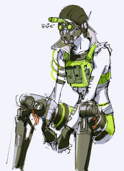 Rule 34 | 1boy, animification, apex legends, arms between legs, black gloves, black headwear, cable, cropped vest, fingerless gloves, gloves, goggles, green shorts, green vest, grey background, highres, male focus, mask, mechanical legs, mouth mask, object through head, octane (apex legends), shorts, sitting, sketch, solo, syringe in head, thundergotch, vest