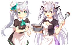 Rule 34 | 2girls, :d, :p, animal ear fluff, animal ears, apron, ascot, black dress, black ribbon, bow, bowl, breasts, cat ears, chef hat, chocolate, cleavage, cleavage cutout, clothing cutout, commentary request, cooking, dress, drill hair, extra ears, fang, green ascot, green bow, grey hair, hair between eyes, hair ornament, hair ribbon, hand up, hat, heart, heart hair ornament, highres, hizuki miu, holding, holding bowl, holding whisk, hourei tenten, licking lips, long hair, maid, maid headdress, medium breasts, melty+, mini hat, mixing bowl, mole, mole on breast, mole under eye, multiple girls, open mouth, pastry bag, pleated dress, puffy short sleeves, puffy sleeves, ribbon, short sleeves, side ponytail, sidelocks, simple background, skin fang, smile, sweet magic (vocaloid), tongue, tongue out, twin drills, very long hair, virtual youtuber, vocaloid, wactor production, waist apron, whisk, white apron, white background, wing collar, yuusa