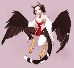 1girl absurdres animal_ears bird_legs blue_eyes breasts brown_feathers brown_hair brown_wings cat_ears cat_girl cat_tail clothing_request detached_sleeves ev_v1l feathered_wings feathers full_body hair_intakes harpy highres long_hair looking_at_viewer medium_breasts monster_girl original pink_background ponytail simple_background single_thighhigh solo tail talons thighhighs white_thighhighs wide_sleeves winged_arms wings