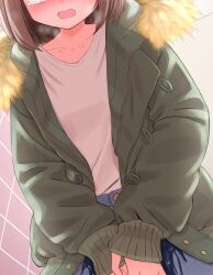 Rule 34 | 1girl, between legs, blue pants, blush, breath, brown hair, coat, collarbone, cropped, dutch angle, embarrassed, female focus, flat chest, fur-trimmed coat, fur collar, fur trim, green coat, hand between legs, have to pee, head out of frame, highres, indoors, leaning forward, long sleeves, nose blush, open clothes, open coat, open mouth, original, own hands together, pants, pee, peeing, peeing self, shirt, shirt tucked in, short hair, sidelocks, solo, standing, tears, tile wall, tiles, urabe miyabi, wet, wet clothes, white shirt