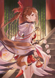 Rule 34 | 1girl, absurdres, azur lane, bad id, bad pixiv id, blush, breasts, brown hair, dress, hair ornament, highres, japanese clothes, katana, kerno, large breasts, long hair, looking at viewer, open mouth, ponytail, red dress, smile, solo, sword, very long hair, weapon, wide sleeves, zuikaku (azur lane)